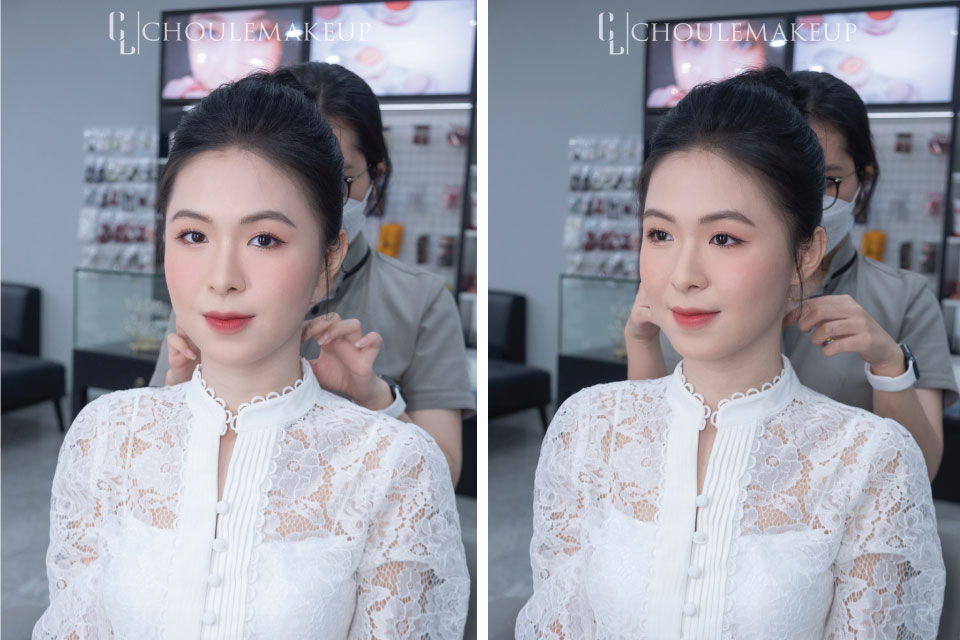 choule makeup phong cách trang điểm tone makeup orange coral cam san hô tóc búi cao