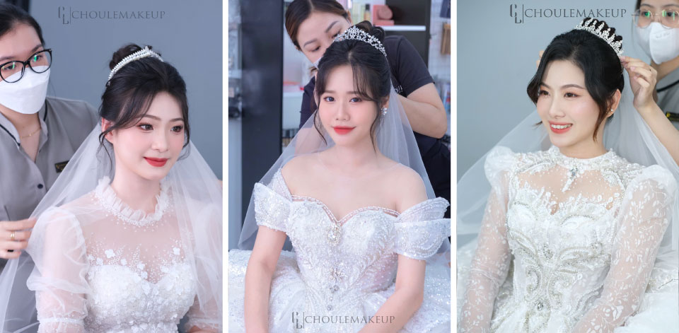 choule makeup trang điểm cô dâu bridal makeup tóc búi cao cô dâu kết hợp vương miện