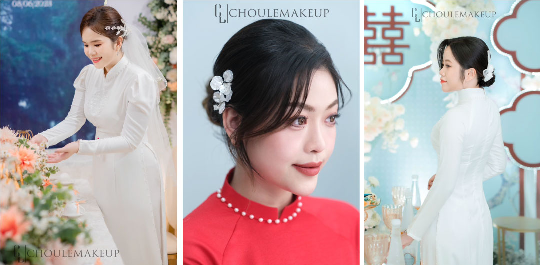 choule makeup trang điểm cô dâu bridal makeup tóc búi thấp cô dâu kết hợp hoa khô