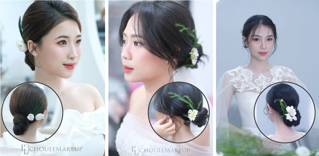 choule makeup trang điểm cô dâu bridal makeup tóc búi thấp cô dâu kết hợp hoa tươi