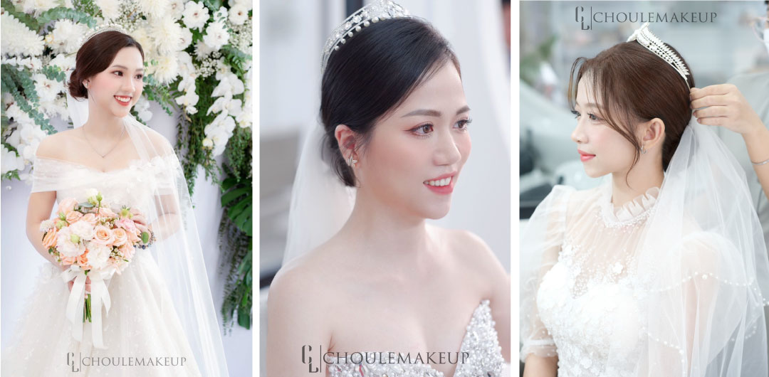 choule makeup trang điểm cô dâu bridal makeup tóc búi thấp cô dâu kết hợp vương miện khăn voan