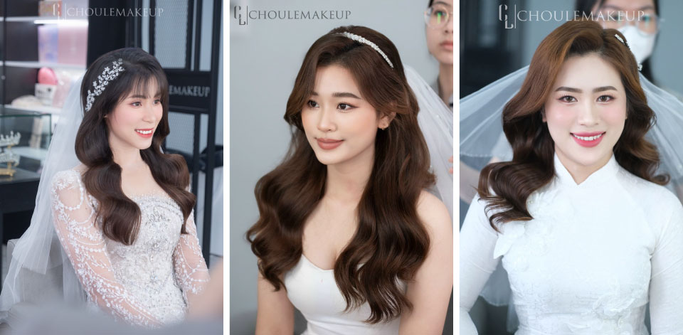 choule makeup trang điểm cô dâu bridal makeup tóc xoã sóng lơi cô dâu kết hợp phụ kiện khăn voan