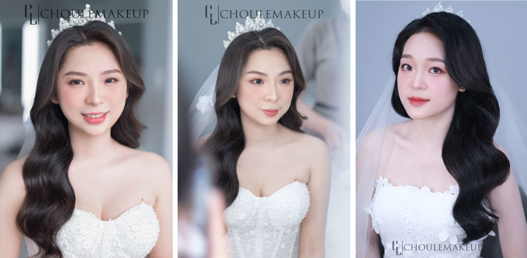 choule makeup trang điểm cô dâu bridal makeup tóc xoã sóng lơi cô dâu kết hợp vương miện khăn voan