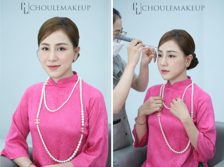 choule makeup trang điểm makeup tiệc áo dài tết cổ điển tóc búi thấp