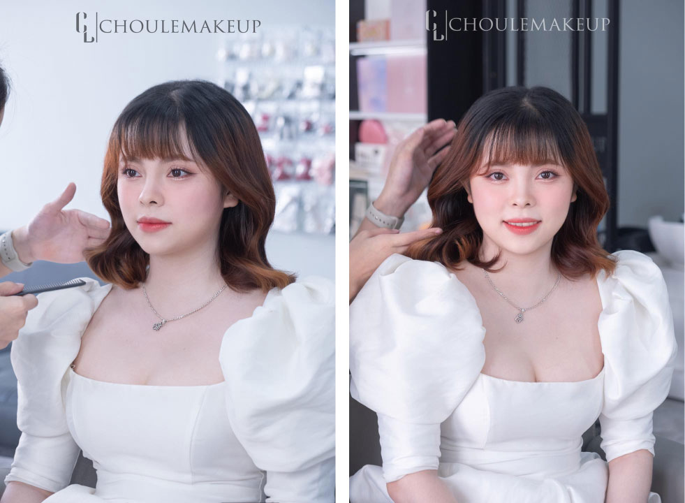 choule makeup trang điểm cô dâu đám cưới wedding bridal tone soft orange tóc sóng lơi