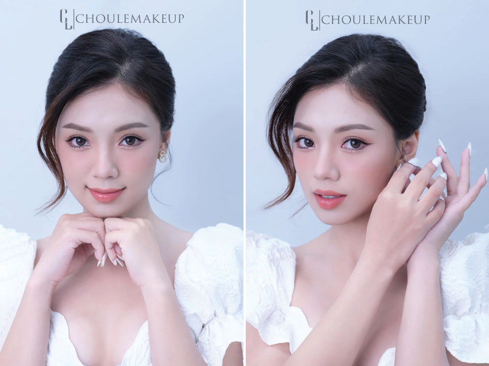 choule makeup phong cách trang điểm soft peach tóc búi