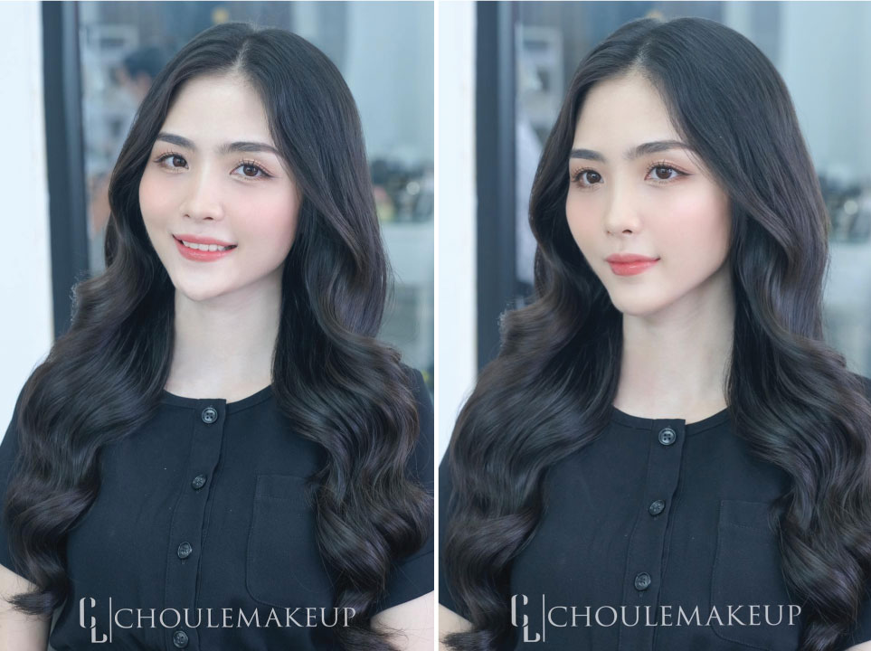 choule makeup phong cách trang điểm soft peach tóc xõa