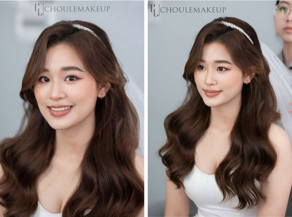 choule makeup trang điểm cô dâu bridal makeup tóc xõa phụ kiện khăn voan