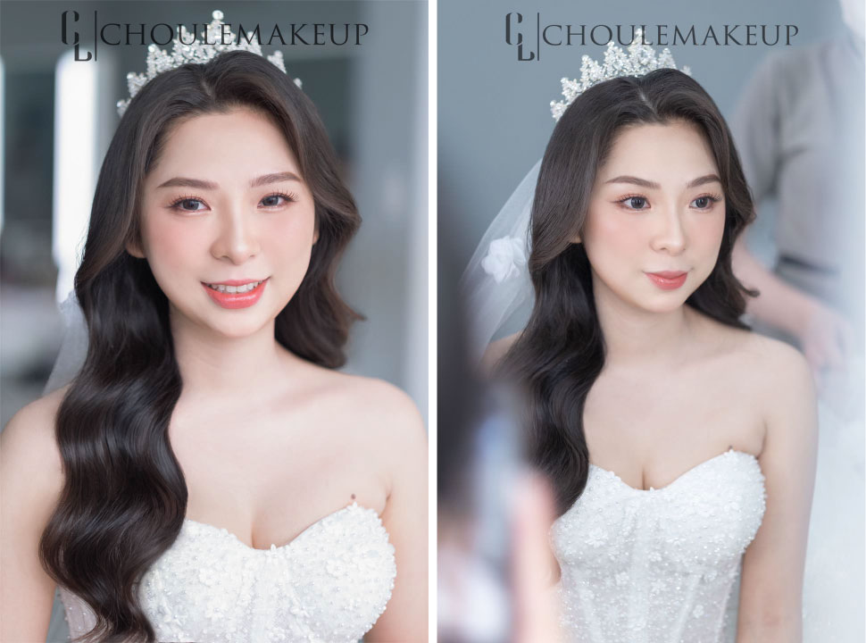 choule makeup trang điểm cô dâu bridal makeup tóc xõa vương miện khăn voan